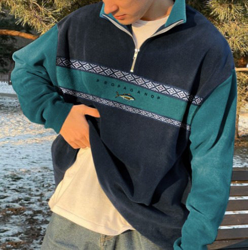 2022 autumn cross-border large size retro splicing zipper British sweatshirt daily outdoor casual top