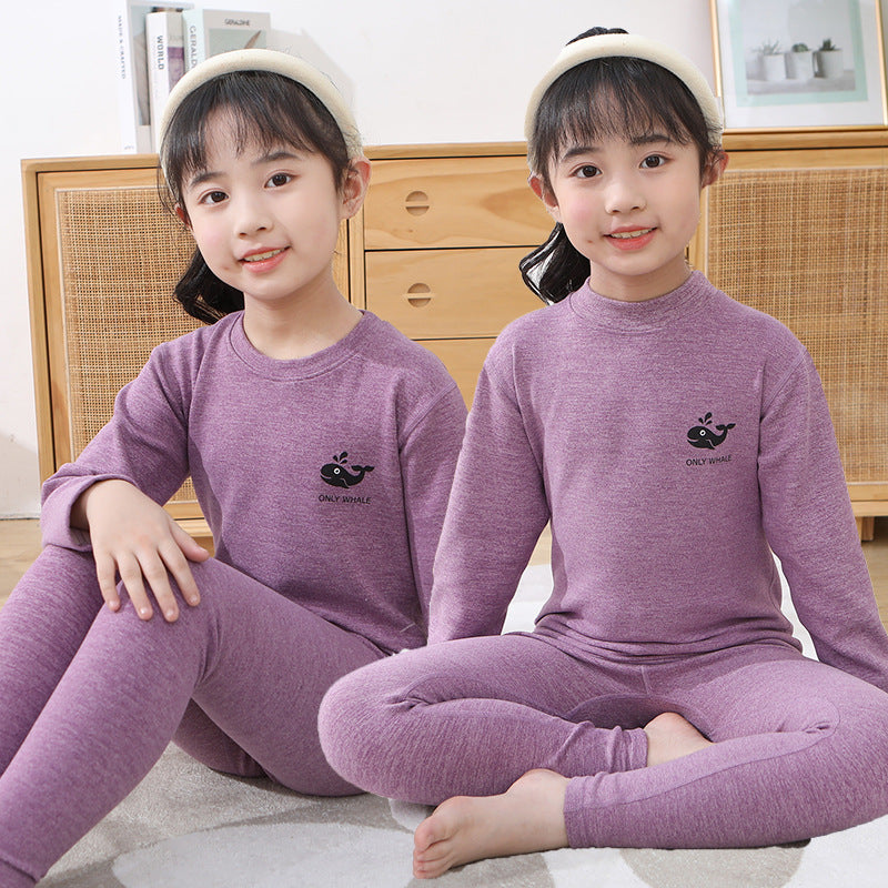 Mid-round neck children's home clothes set double-sided frosted boys and girls long johns AB thermal underwear pajamas