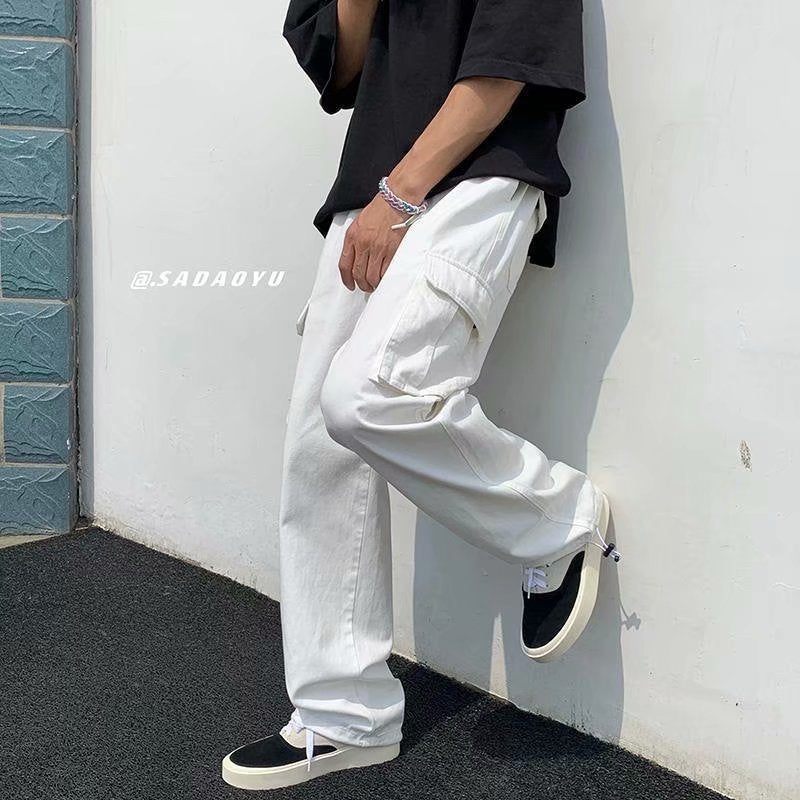 Korean version of the multi-pocket function drawstring overalls men's spring and autumn loose straight-leg pants trendy drape mopping trousers