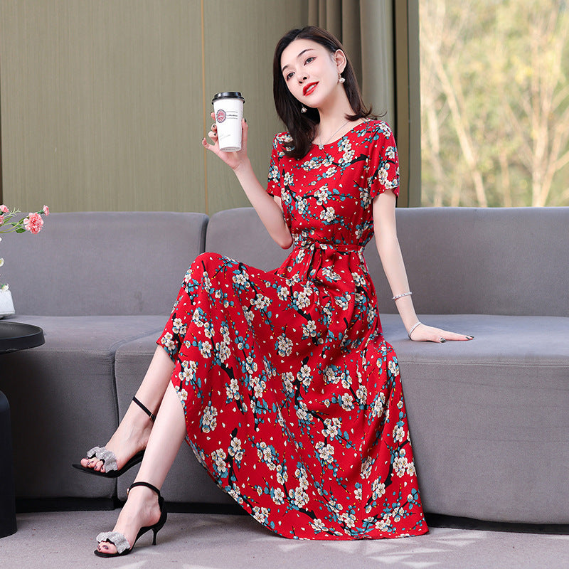 Artificial cotton silk dress women's clothing 2023 summer new middle-aged mother mid-length over-the-knee plus-size loose skirt