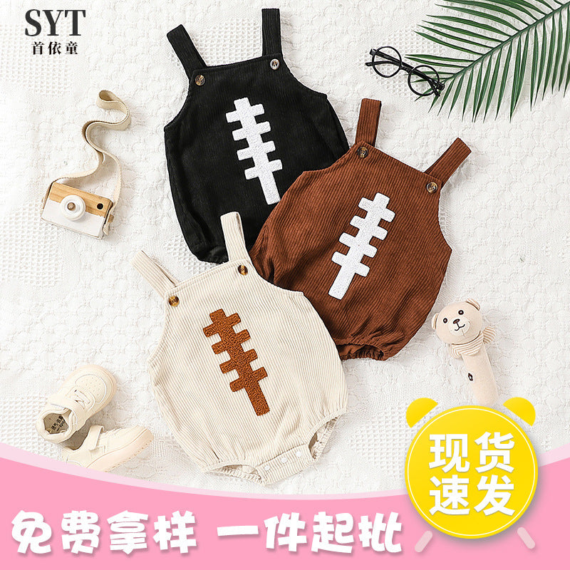 New spring and autumn baby boys and girls corduroy sling rugby embroidered triangle jumpsuit romper crawling clothes