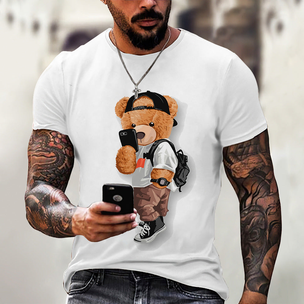 Men's T-shirt 2023 spring and summer new O-neck short-sleeved cute bear 3D printing top source factory can print LOGO