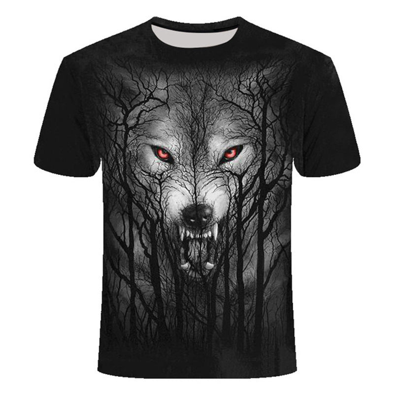 Foreign trade new style black and white wolf head pattern 3D three-dimensional printing short-sleeved T-shirt tide brand half-sleeved T-shirt loose clothes