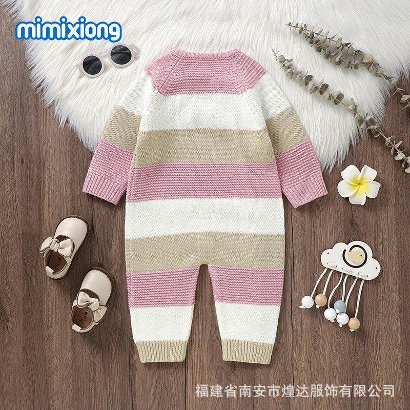 ins hot sale autumn and winter new baby knitted striped one-piece romper climbing clothes boys and girls baby single-breasted jumpsuit