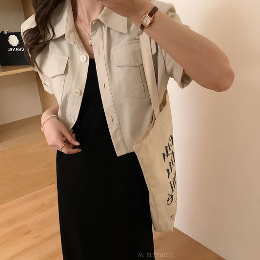 M.ZI summer Korean version simple all-match short-sleeved single-breasted button lapel short denim jacket women's tops wholesale summer