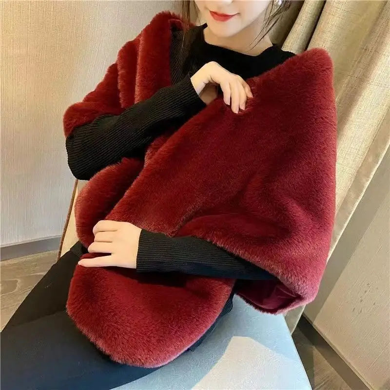 Women's Faux Fur Shawl With Fox Collar Cropped Jacket