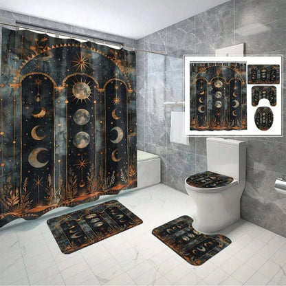 4pcs Set Vintage Printed Shower Curtain Set