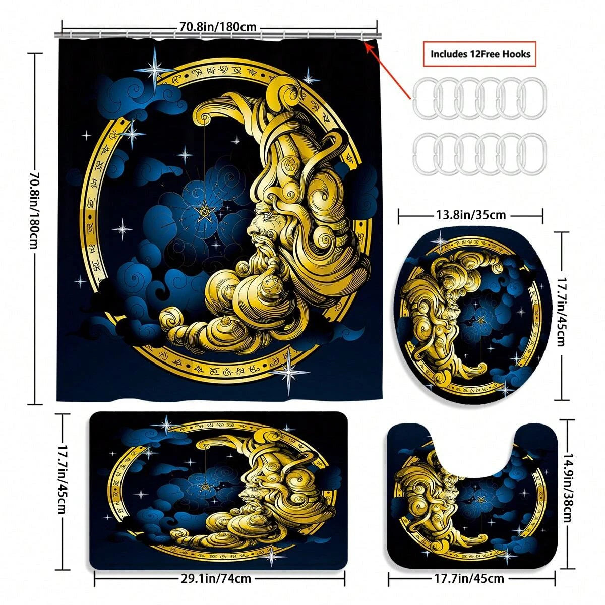4pcs Moon Themed Bathroom Set With 12 Hooks