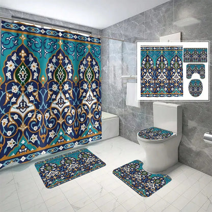 4pcs Set Vintage Printed Shower Curtain Set