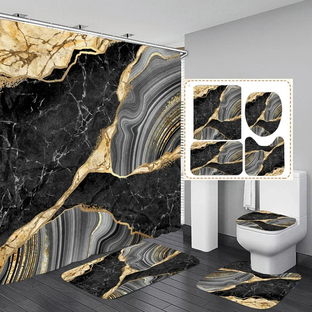 Geometric Golden Crackle Marble Shower Curtain Set