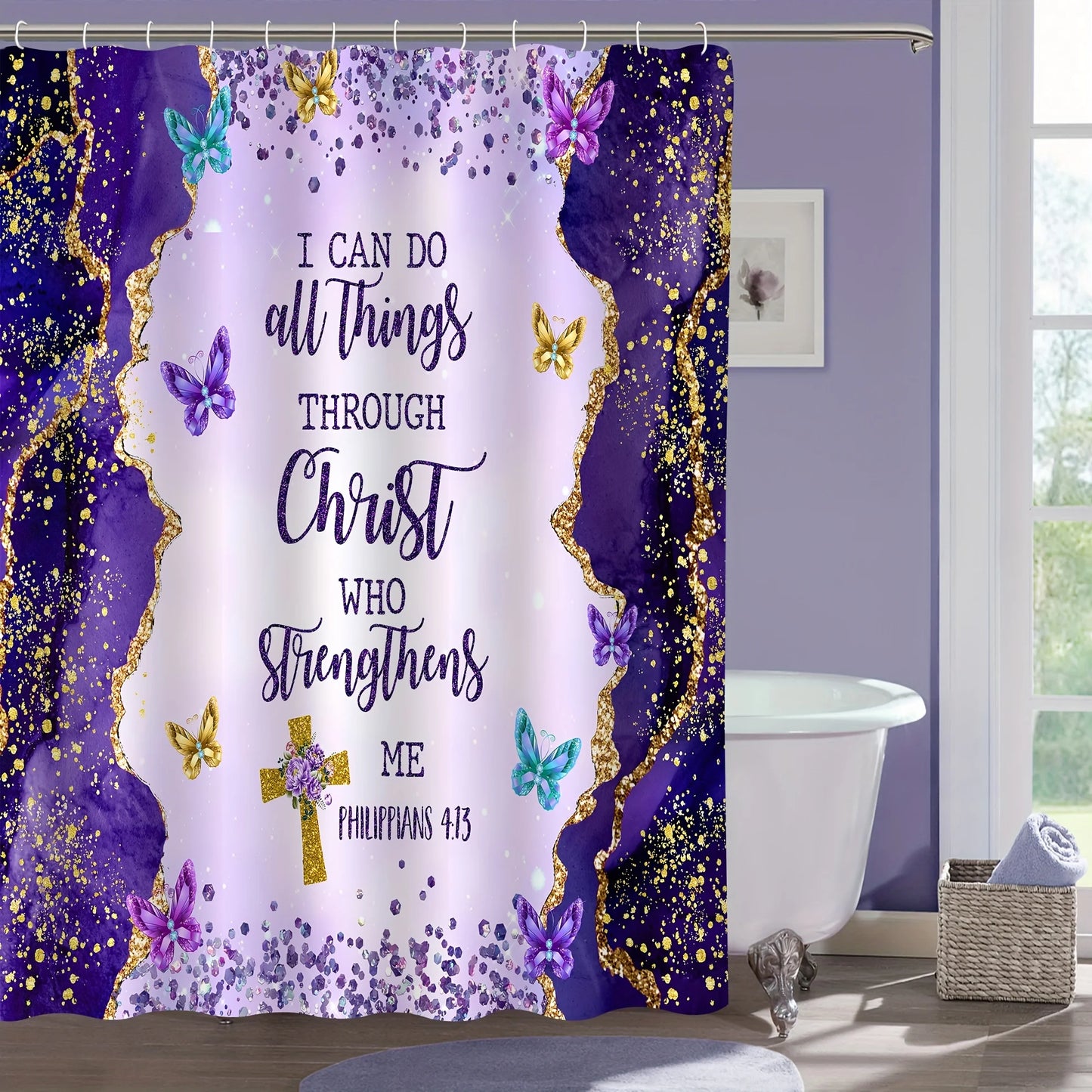 Christian Bible Verse Shower Curtain Set With Hooks