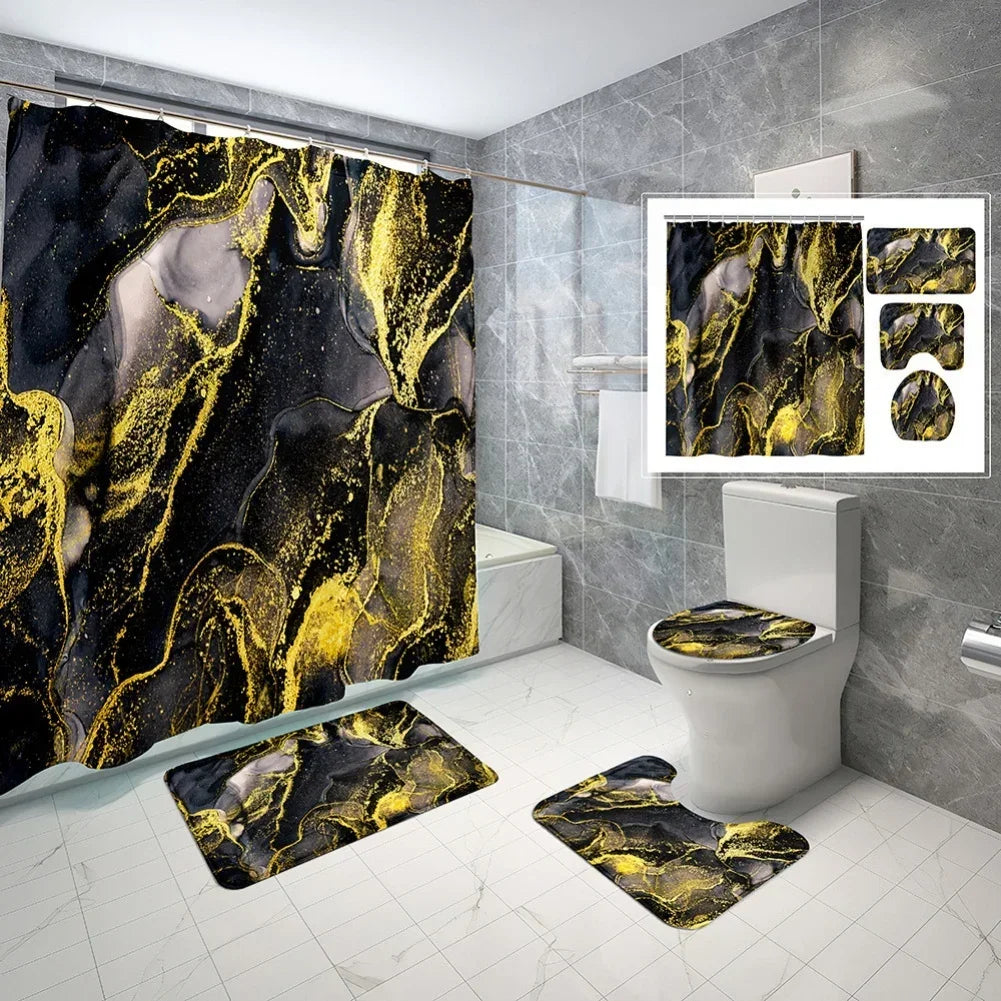 Geometric Golden Crackle Marble Shower Curtain Set
