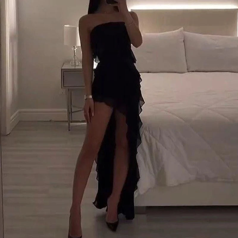 Women Strapless Sexy Floral Fold Hemline High Slit Mini Dress