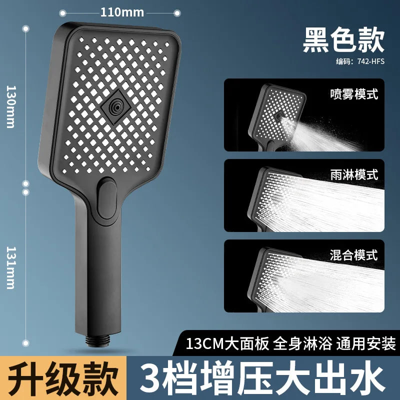 Large Flow Shower Head Black 4 Modes Square Water Saving Spray Nozzle