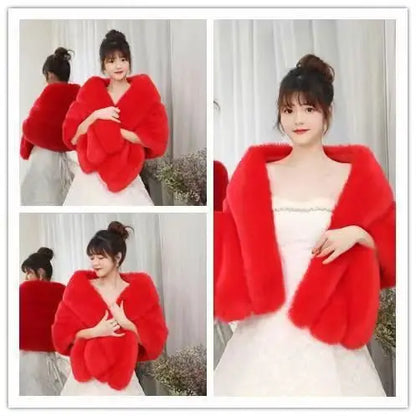 Women's Faux Fur Shawl With Fox Collar Cropped Jacket