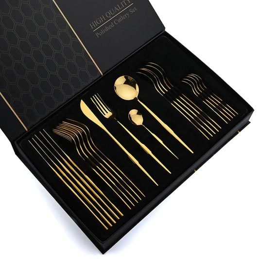 24pcs Gold Flatware Stainless Steel Cutlery Gift Box Set
