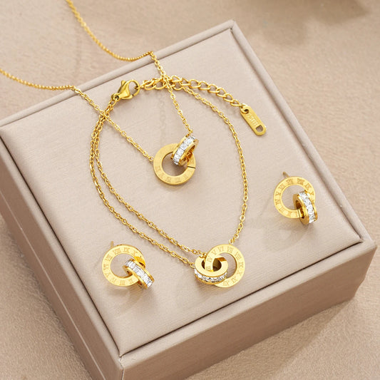 4Pcs/Set Gold Color Stainless Steel Crystal Necklace Bracelet Earrings Set