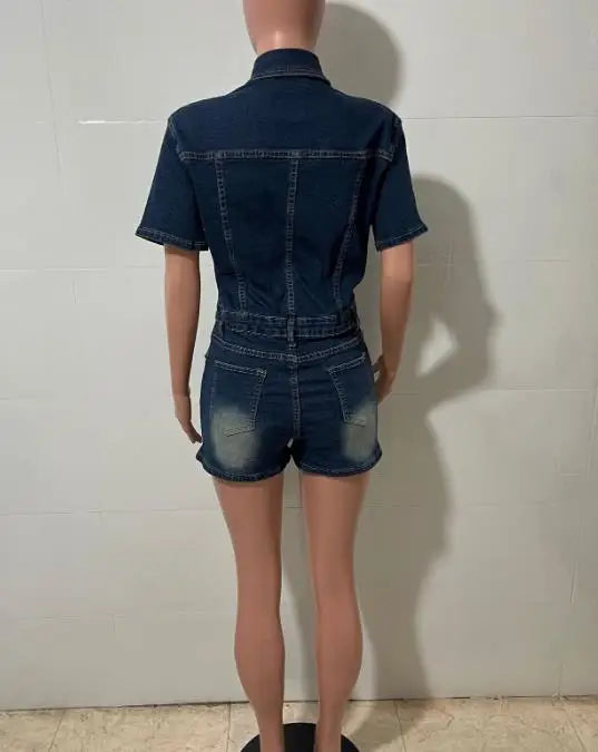 Women's Casual High Stretch Short Sleeved Slim Fit Denim Jumpsuit