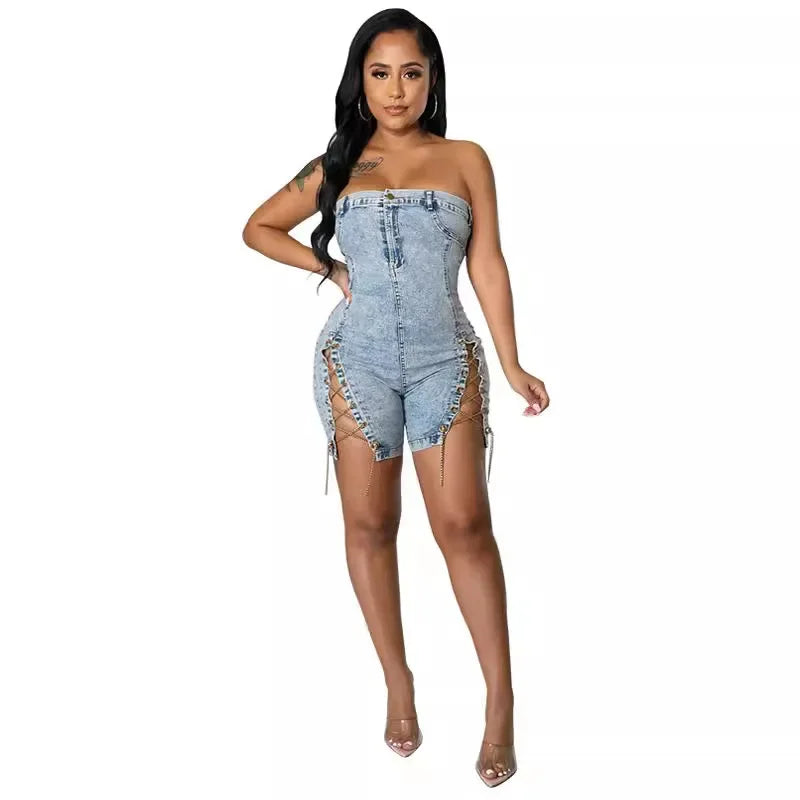 Women's Elegant Splice Denim Jumpsuits Romper