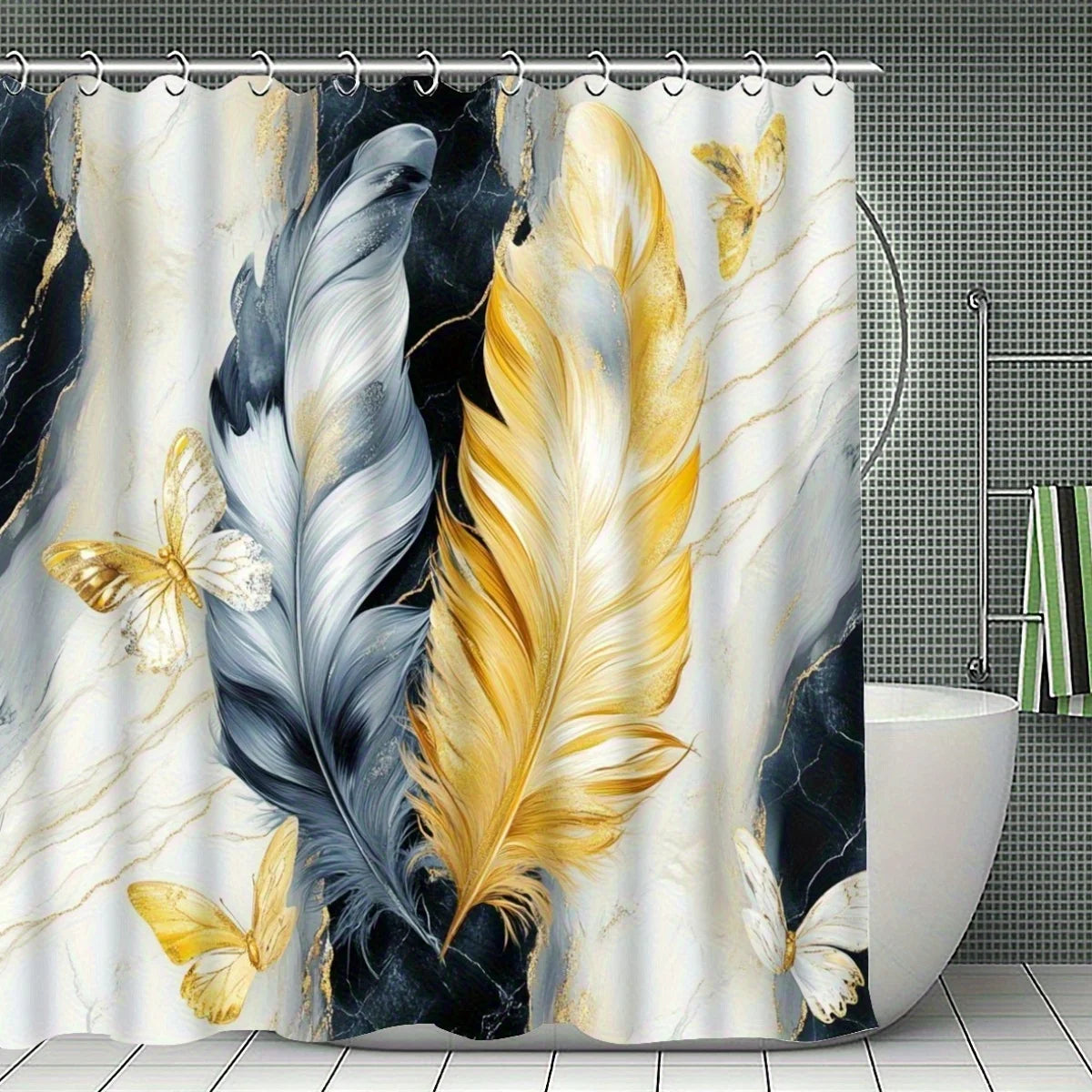 4pc Black and White Feather Patterned Bathroom Set