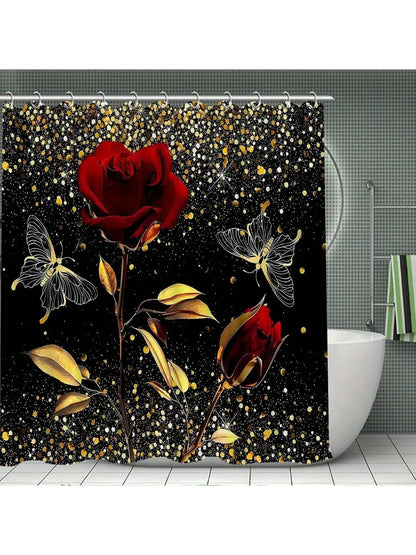 4pcs Golden Red Rose Shower Curtain Set