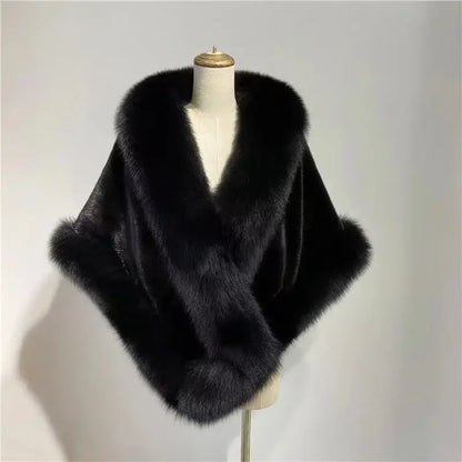 Women's Faux Fur Shawl With Fox Collar Cropped Jacket