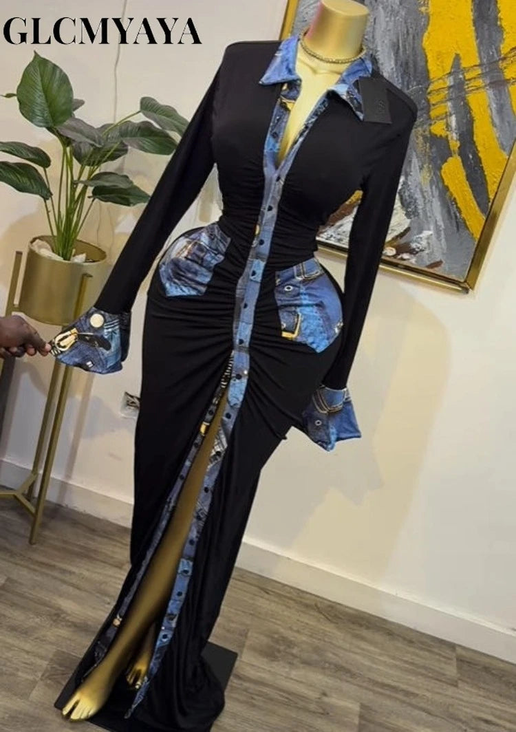 Women Denim Print Flare Long Sleeve Single Breasted Ruched Bodycon Dress