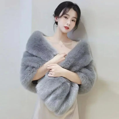 Women's Faux Fur Shawl With Fox Collar Cropped Jacket