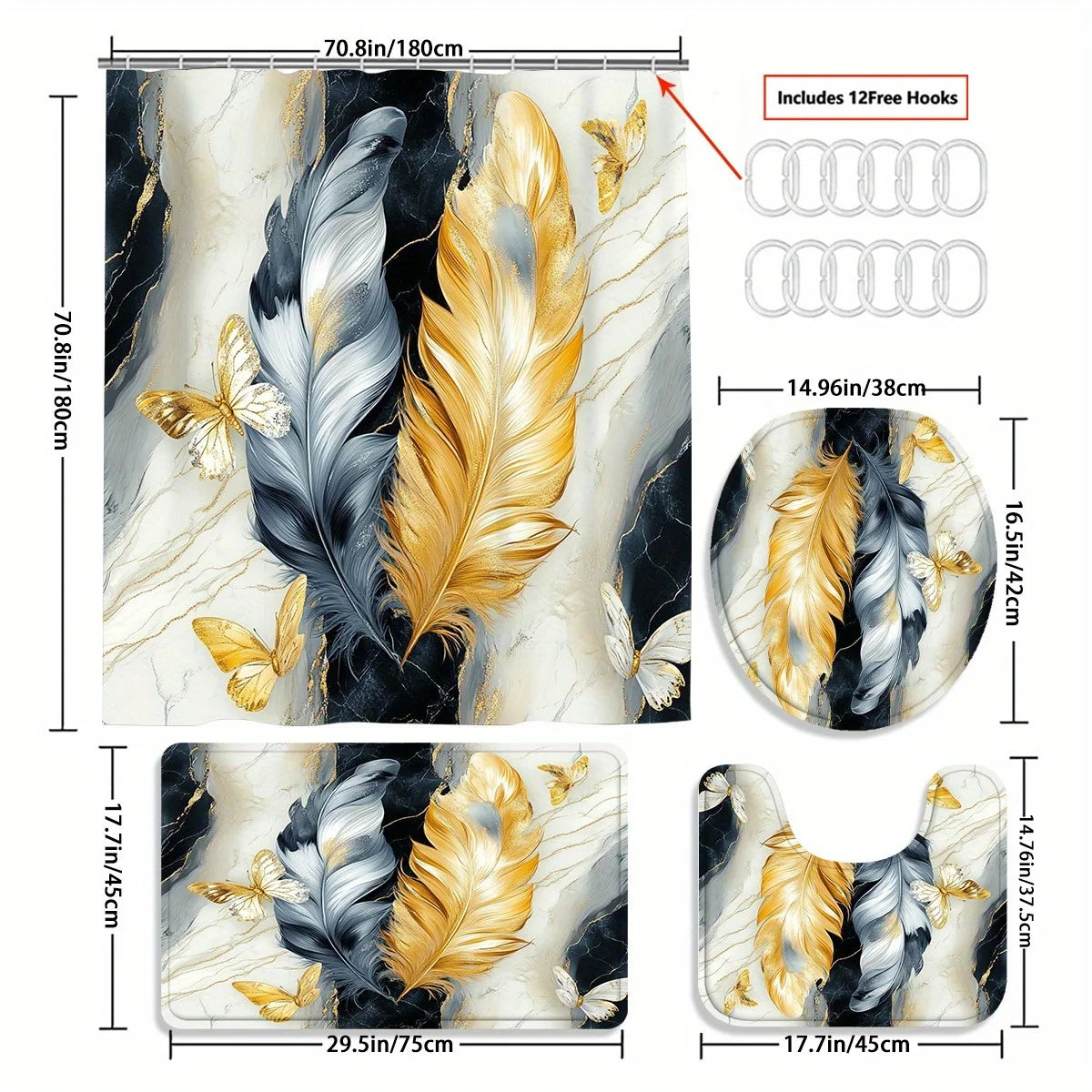 4pc Black and White Feather Patterned Bathroom Set