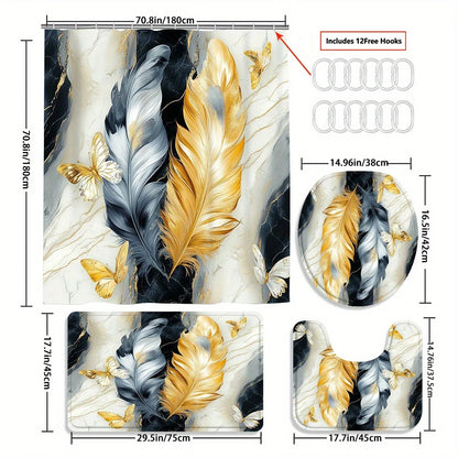 4pc Black and White Feather Patterned Bathroom Set