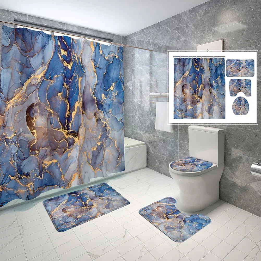 Geometric Golden Crackle Marble Shower Curtain Set