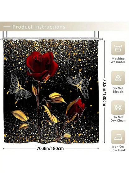 4pcs Golden Red Rose Shower Curtain Set