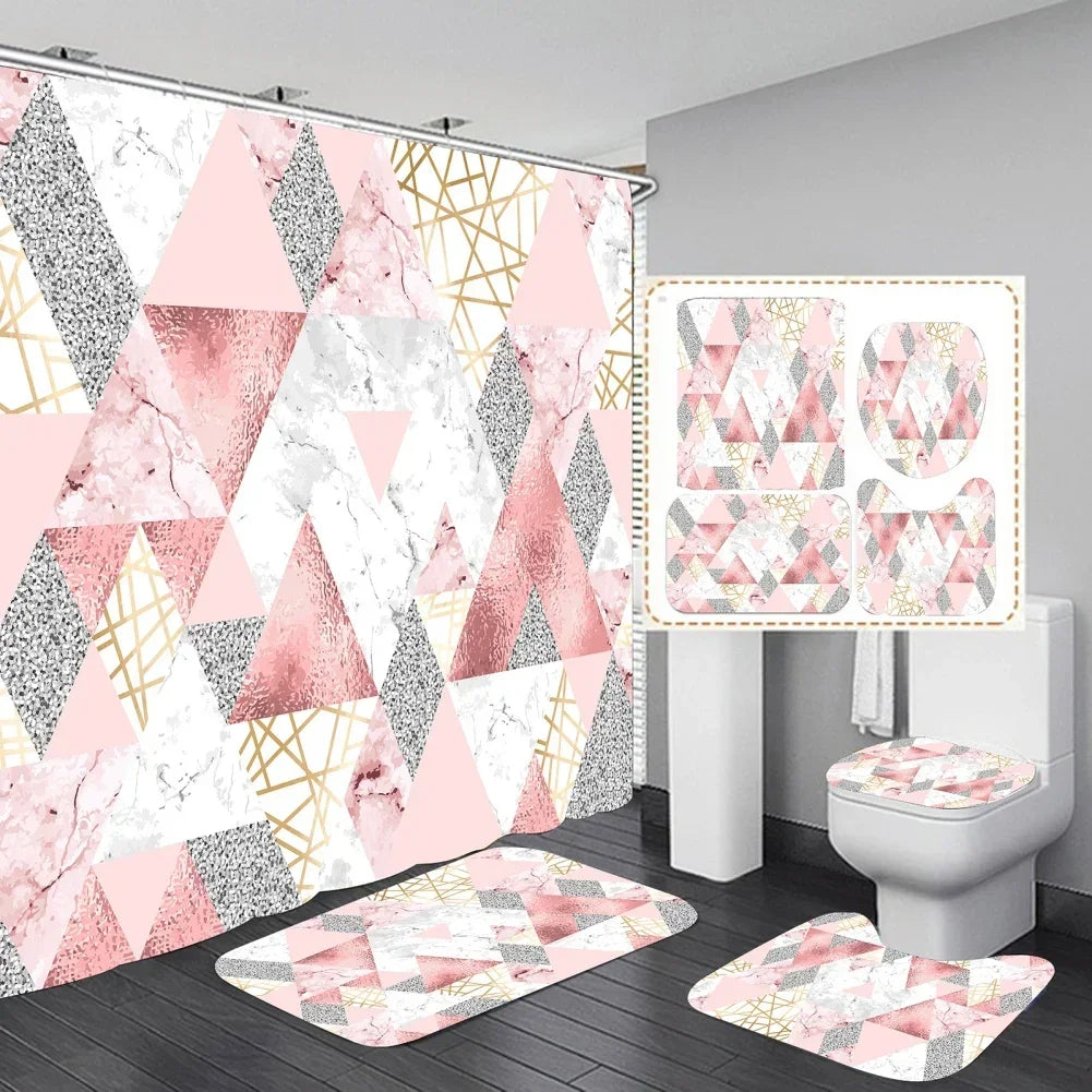 Geometric Golden Crackle Marble Shower Curtain Set