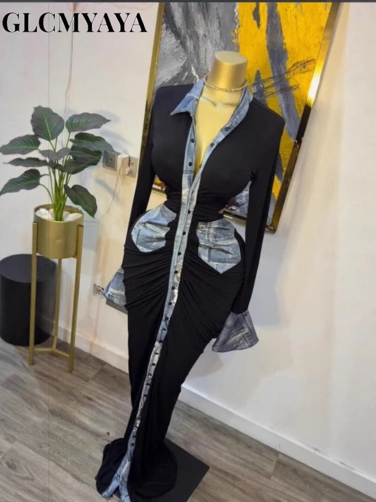 Women Denim Print Flare Long Sleeve Single Breasted Ruched Bodycon Dress