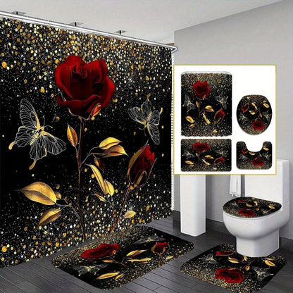 4pcs Golden Red Rose Shower Curtain Set