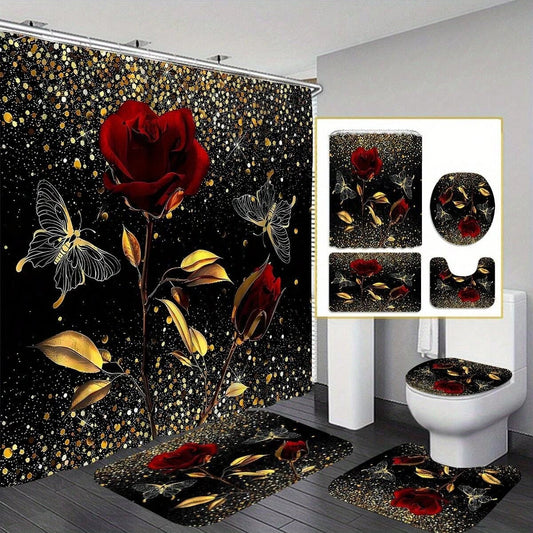 4pcs Golden Red Rose Shower Curtain Set