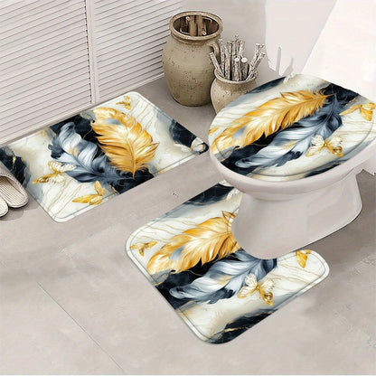 4pc Black and White Feather Patterned Bathroom Set