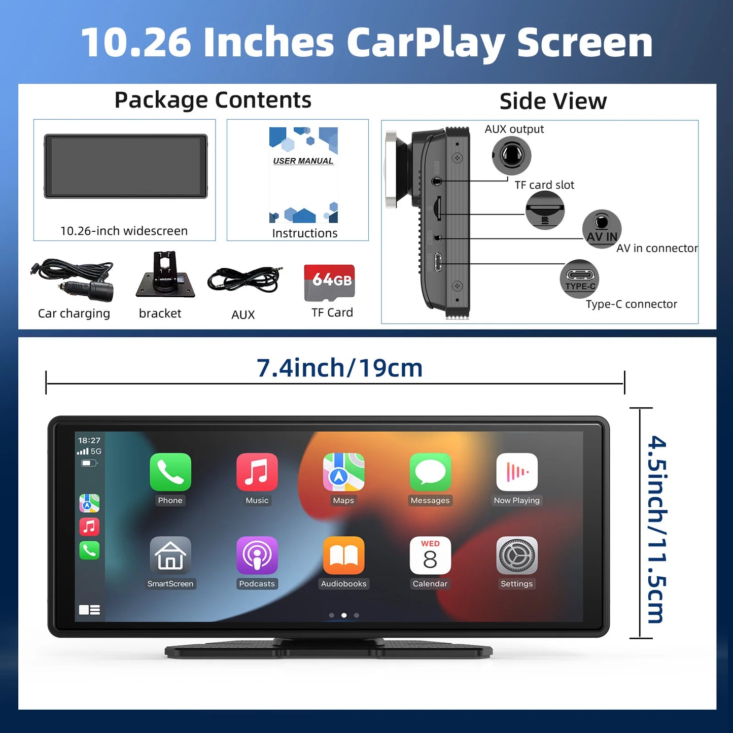 10.26" Inch HD Touchscreen With CarPlay, Bluetooth & Android Auto
