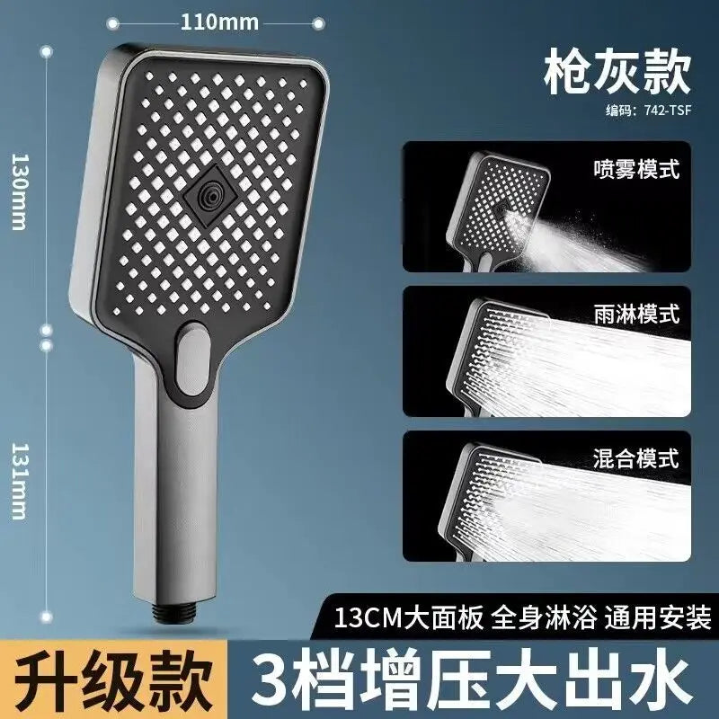 Large Flow Shower Head Black 4 Modes Square Water Saving Spray Nozzle