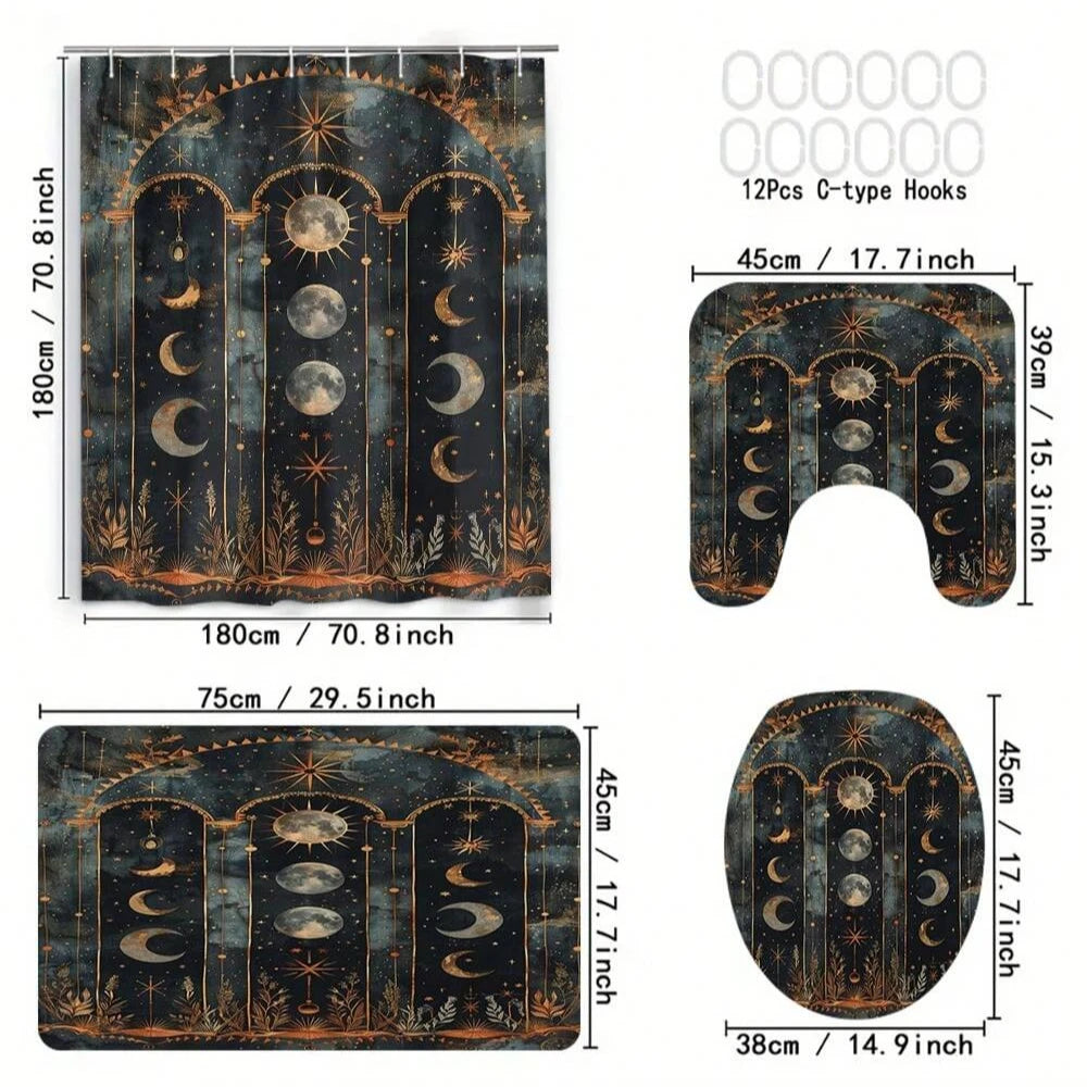 4pcs Set Vintage Printed Shower Curtain Set