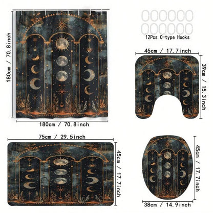 4pcs Set Vintage Printed Shower Curtain Set