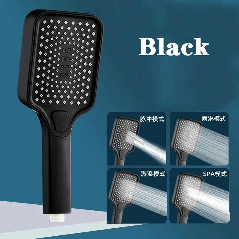 Large Flow Shower Head Black 4 Modes Square Water Saving Spray Nozzle