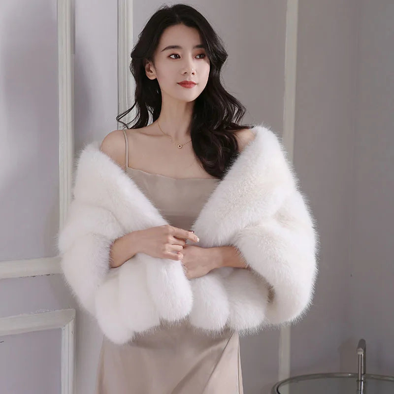 Women's Faux Fur Shawl With Fox Collar Cropped Jacket