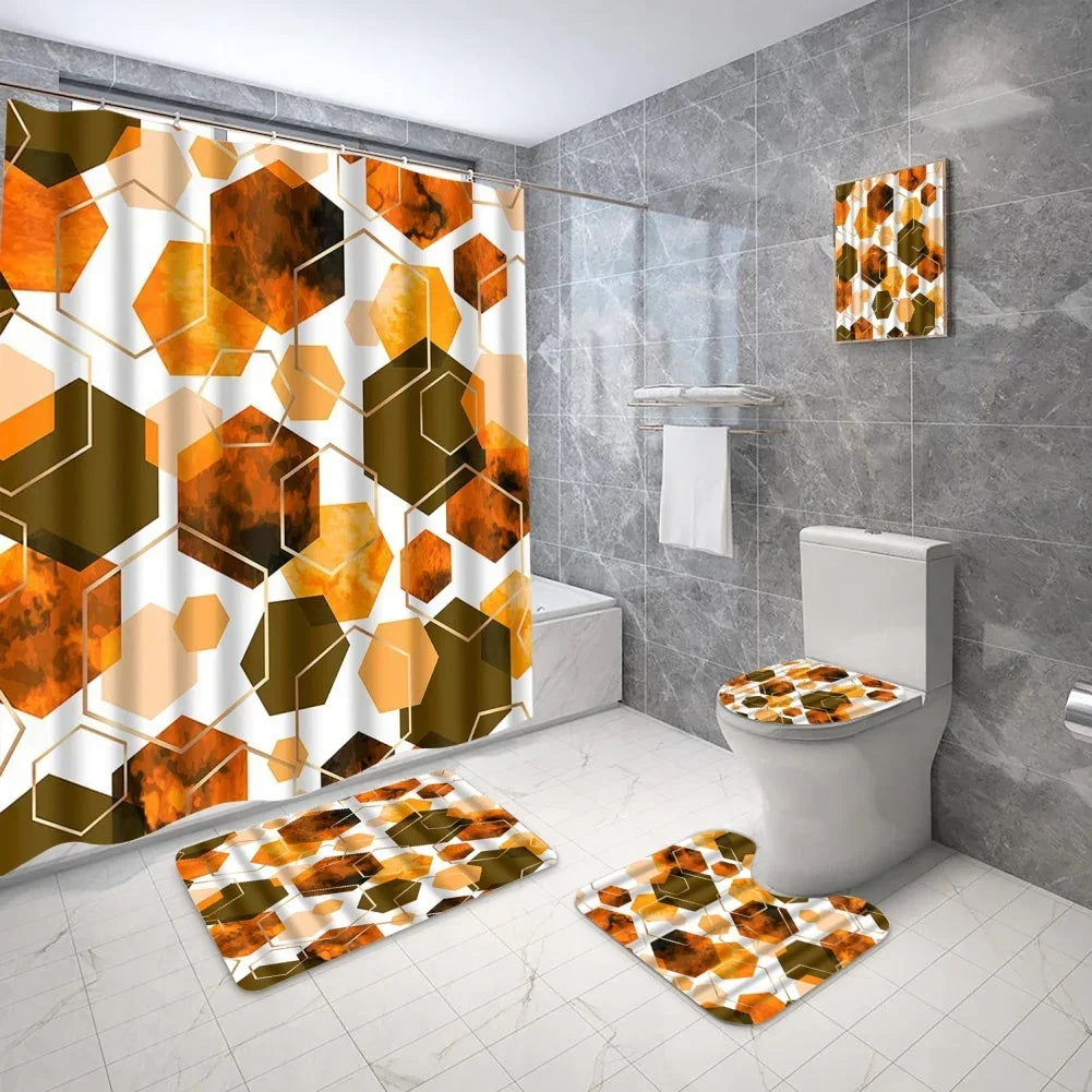 Geometric Golden Crackle Marble Shower Curtain Set