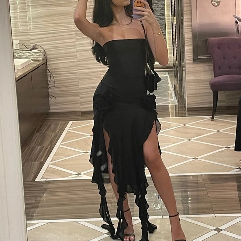 Women Strapless Sexy Floral Fold Hemline High Slit Mini Dress