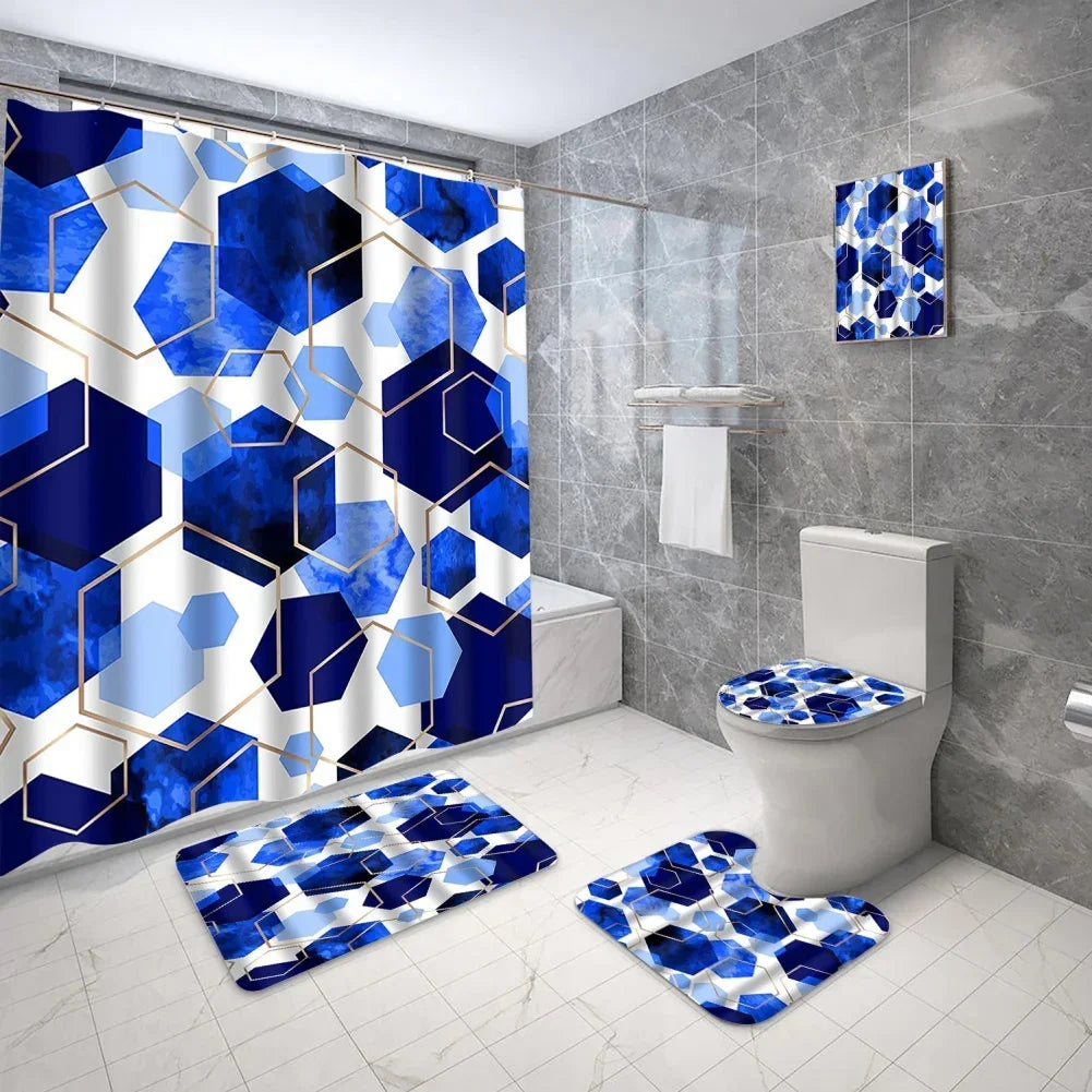 Geometric Golden Crackle Marble Shower Curtain Set