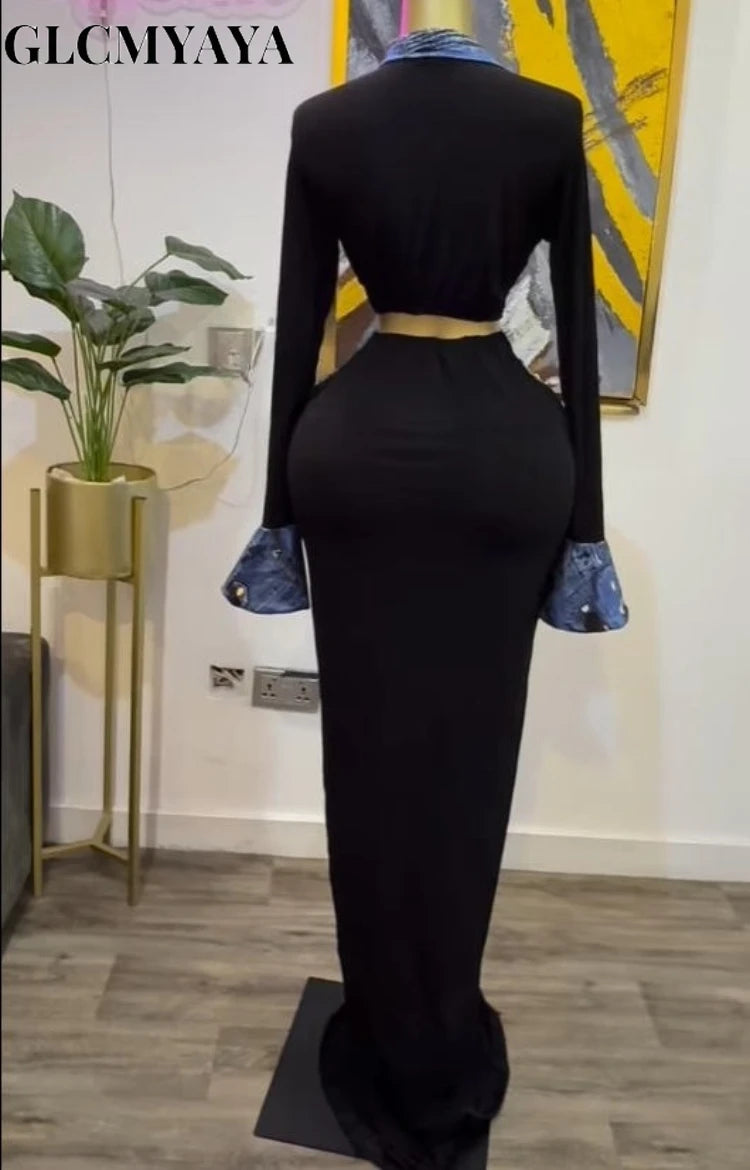 Women Denim Print Flare Long Sleeve Single Breasted Ruched Bodycon Dress