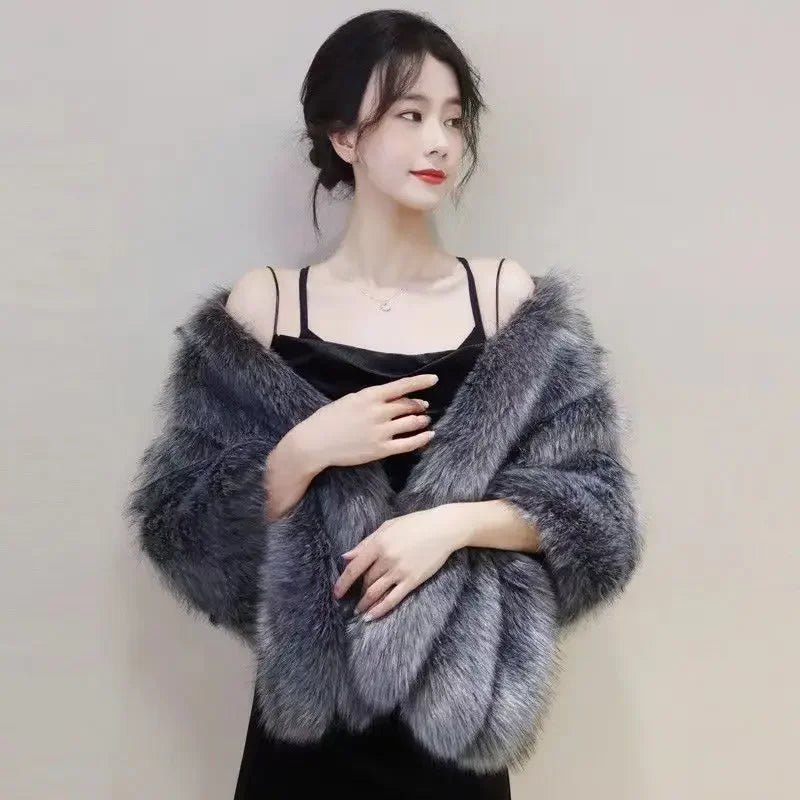 Women's Faux Fur Shawl With Fox Collar Cropped Jacket