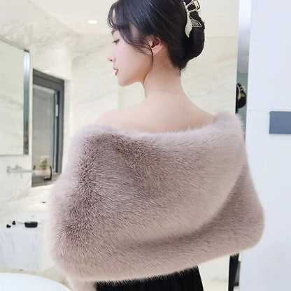 Women's Faux Fur Shawl With Fox Collar Cropped Jacket