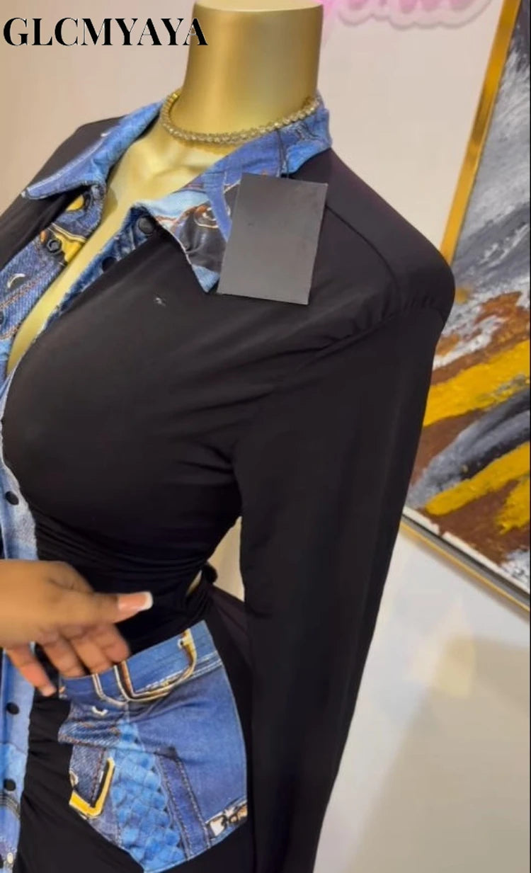 Women Denim Print Flare Long Sleeve Single Breasted Ruched Bodycon Dress